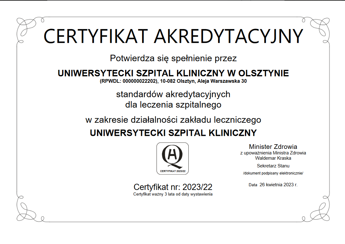 Certyfikat akredytacyjny USK w Olsztynie rok 2023 Certyfikat akredytacyjny USK w Olsztynie rok 2023